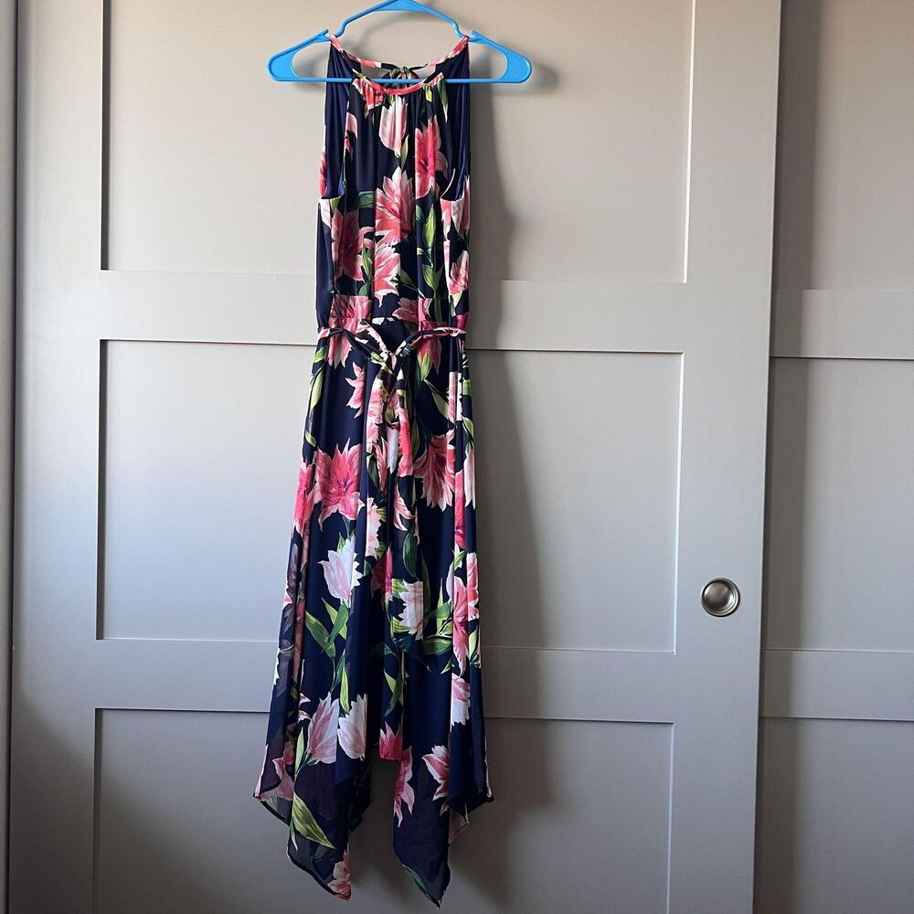 Eliza J Dress Womens 10 Navy Pink Floral Halter Handkerchief Hem Belted EJD-4973